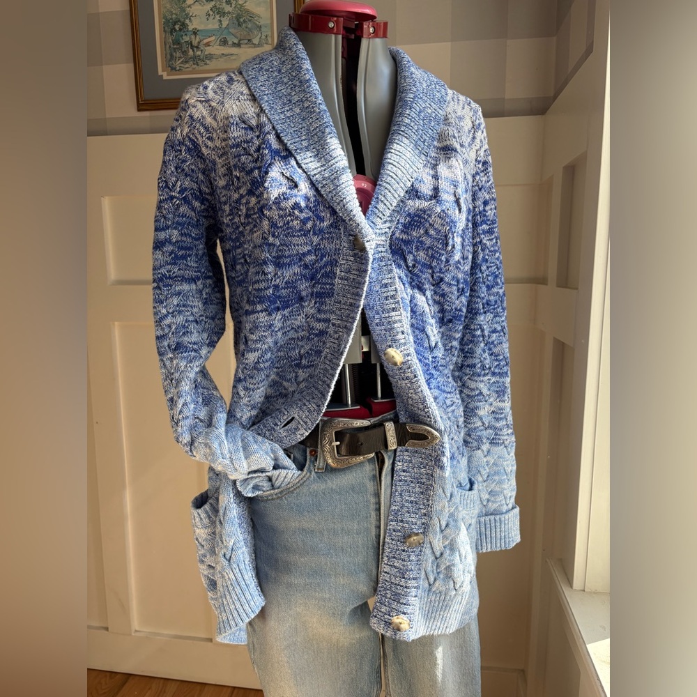 Lands' End Cotton Ombre Blue Shawl-Collar Cable Cardigan Coastal Small